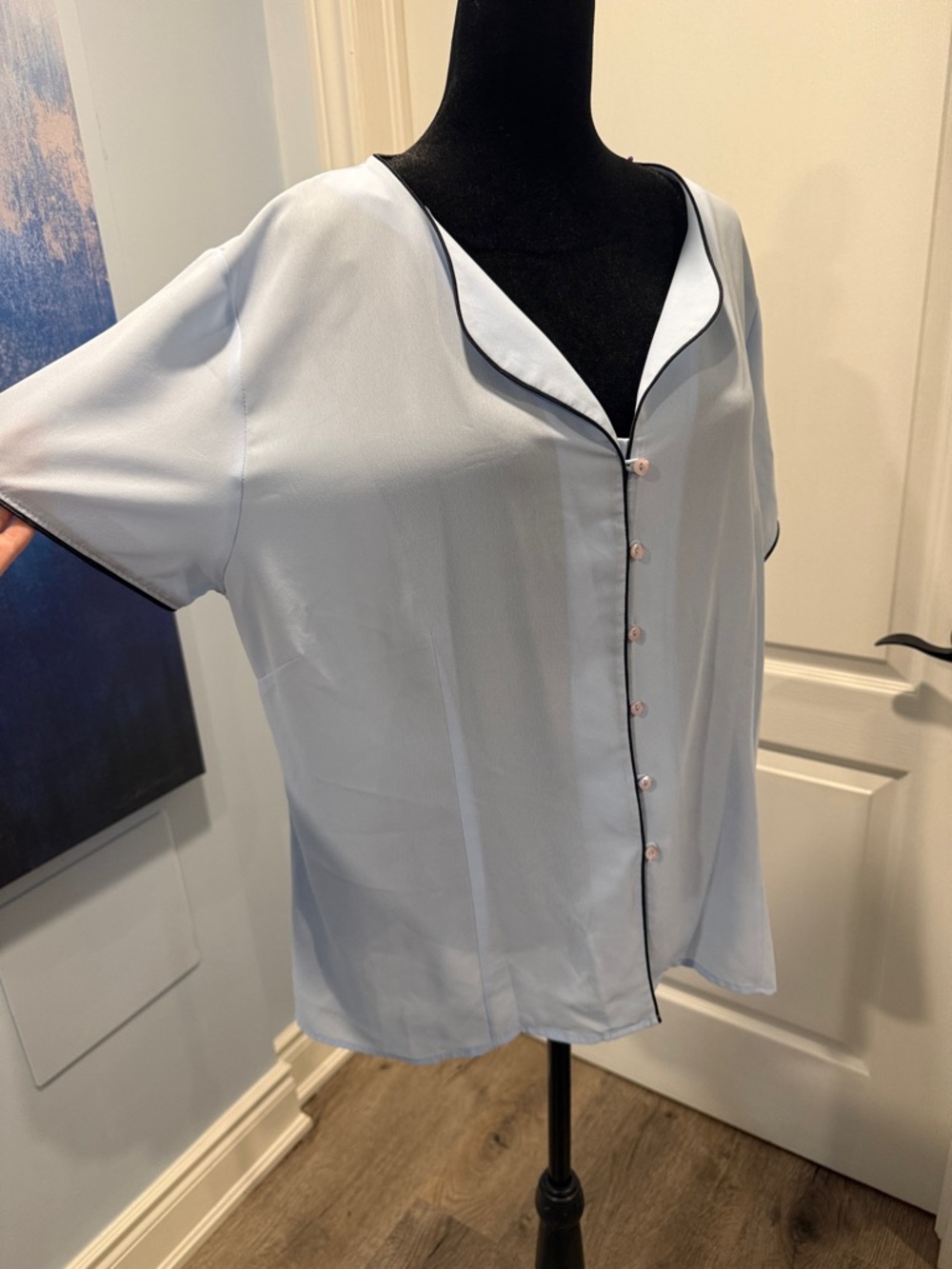 Vintage Light Blue Short-Sleeve Button Front Blouse - Picture 2 of 4